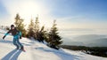 Young Snowboarder Riding Red Snowboard in Mountains at Sunny Day. Snowboarding and Winter Sports Royalty Free Stock Photo