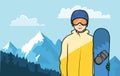 A snowboarder stands on a background of a mountain landscape. Vector Illustration.