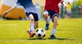 Young Soccer Players Competition. Boys Kicking Football Ball Royalty Free Stock Photo