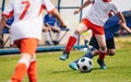 Young Soccer Players Competition. Boys Kicking Football Ball. Soccer Youth Teams Play Outdoor Tournament Royalty Free Stock Photo