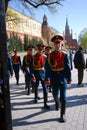 Young soldiers march in Alexanders garden in Moscow.