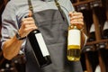 Young sommelier holding bottle of red wine in cellar Royalty Free Stock Photo