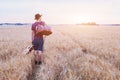 Young son leaving home, romantic travel background, man with guitar Royalty Free Stock Photo