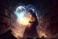 Young sorcerer reaching out to a glowing ball. Man with a luminous ball in his hands Royalty Free Stock Photo