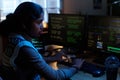Young South Asian Woman Working on Computer Monitors in Dark Office Royalty Free Stock Photo