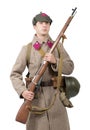 Young Soviet soldier with winter uniform on the white backgroun Royalty Free Stock Photo