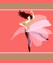Young Spanish ballerina with flowing hair, dressed in pink tutu, dances against red background in golden polka dots. Flamenco