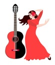 .Young spanish girl - flamenco dancer and black-red guitar isolated on white background. Vertical poster Royalty Free Stock Photo