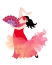 Young Spanish girl or gypsy in a red dress and with a fan in her hand, dancing flamenco isolated on a white background. Royalty Free Stock Photo