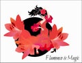 Young spanish girl in red dress, decorated big lily flowers, dances a flamenco. Text `Flamenco is magic`