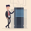 Young specialist stands next to the server rack. The concept of demonstrating computing power. Cartoon flat vector