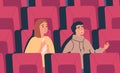 Young spectator couple watch drama, comedy film at the cinema. Man and woman sit together at movie theatre, cry and