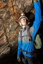Cave exploration with helmet and headlight Royalty Free Stock Photo