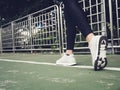 Young sport asian woman running upstairs on city stairs. Fitness sport people and healthy lifestyle concept. Royalty Free Stock Photo