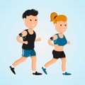 Young sport fitness men and women running vector flat characters