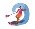 Young sport man float on paddle board in twirl of waves of sea, ocean or lake.