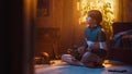 Young Sports Fan Playing with Baseball Ball and Glove at Home in Living Room with Dated Interior Royalty Free Stock Photo