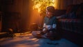 Young Sports Fan Playing with Baseball Ball and Glove at Home in Living Room with Dated Interior Royalty Free Stock Photo