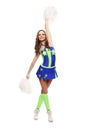 Young sports flexible cheerleader girl in the green-blue suit. Royalty Free Stock Photo