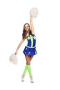 Young sports flexible cheerleader girl in the green-blue suit. Royalty Free Stock Photo