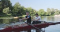 Young sports team two teenage boys with double boat kayak Royalty Free Stock Photo