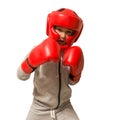 Sportsman boxer fighting in gloves in boxing. Isolated on white background