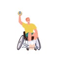 Young sportsman character sitting in wheelchair playing volleyball enjoying tournament activity