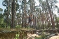 Young sportsman jump over hole while run in forest