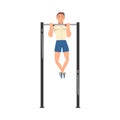 Young Sportsman Making Pull-ups in Gym Vector Illustration
