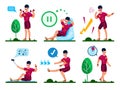 Young Sportsman Activities Flat Vector Concept Set