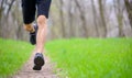 Young Sportsman Running on the Spring Forest Trail in Morning. Legs Close up View Royalty Free Stock Photo