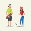 Young sportsmanlike skaters boy and girl speaking and holding skateboards Royalty Free Stock Photo