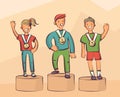 Young sportsmen on pedestal. Cartoon style vector illustration, simply editable set