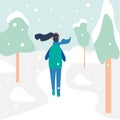 Young sportswoman jogging outside in winter forest