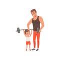 Young sporty father helping his little son exercising with barbell. Family at gym. Fatherhood. Physical activity and