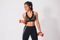 Young sporty muscular woman holding dumbbells isolated over whit Royalty Free Stock Photo