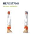 Headstand woman home workout exercise guidance, salamba sirsasana yoga pose working out colorful vector illustration