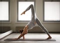 Young sporty woman doing yoga stretching exercise sitting in gym near bright windows Royalty Free Stock Photo