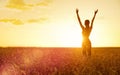 Sporty woman at sunset in wheat field Royalty Free Stock Photo