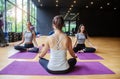 Young sporty women and a group of sporty people practicing yoga lesson, sitting in Sukhasana exercise, doing Easy Seat pose Royalty Free Stock Photo