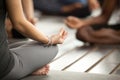 Young sporty woman in Sukhasana exercise, close up Royalty Free Stock Photo