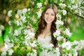 Young spring fashion woman in spring garden Springtime Summertime Trendy girl in the flowering trees in then at sunset in spring Royalty Free Stock Photo