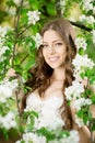Young spring fashion woman in spring garden Springtime Summertime Trendy girl in the flowering trees in the spring summer garden Royalty Free Stock Photo