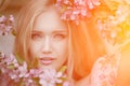 Young spring fashion woman in spring garden. Springtime. Trendy Royalty Free Stock Photo