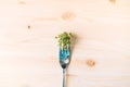 Young sprouts of microgreens on fork on wooden table Royalty Free Stock Photo