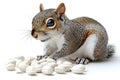 Young squirrel with shells of sunflower seeds on a white background Royalty Free Stock Photo