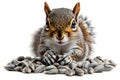 Young squirrel with shells of sunflower seeds on a white background Royalty Free Stock Photo
