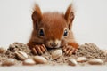 Young squirrel with shells of sunflower seeds on a white background Royalty Free Stock Photo