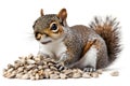 Young squirrel with shells of sunflower seeds on a white background Royalty Free Stock Photo