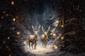 Young stags walking in a garden decorated by Christmas lights in a snowy winter evening